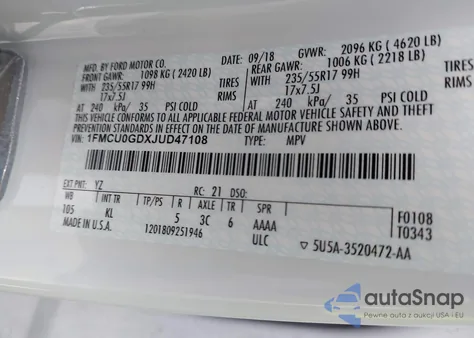 2018 Ford Escape Se из США, поврежденный, VIN 1FMCU0GDXJUD47108